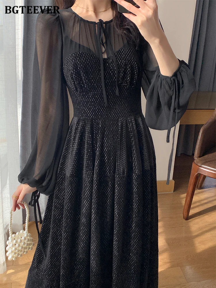 BGTEEVER Fashion O-neck Lace-up Women Patchwork Dress Long Sleeve Female Slim A-line Dress Spring Summer Women Mid-Length Dress