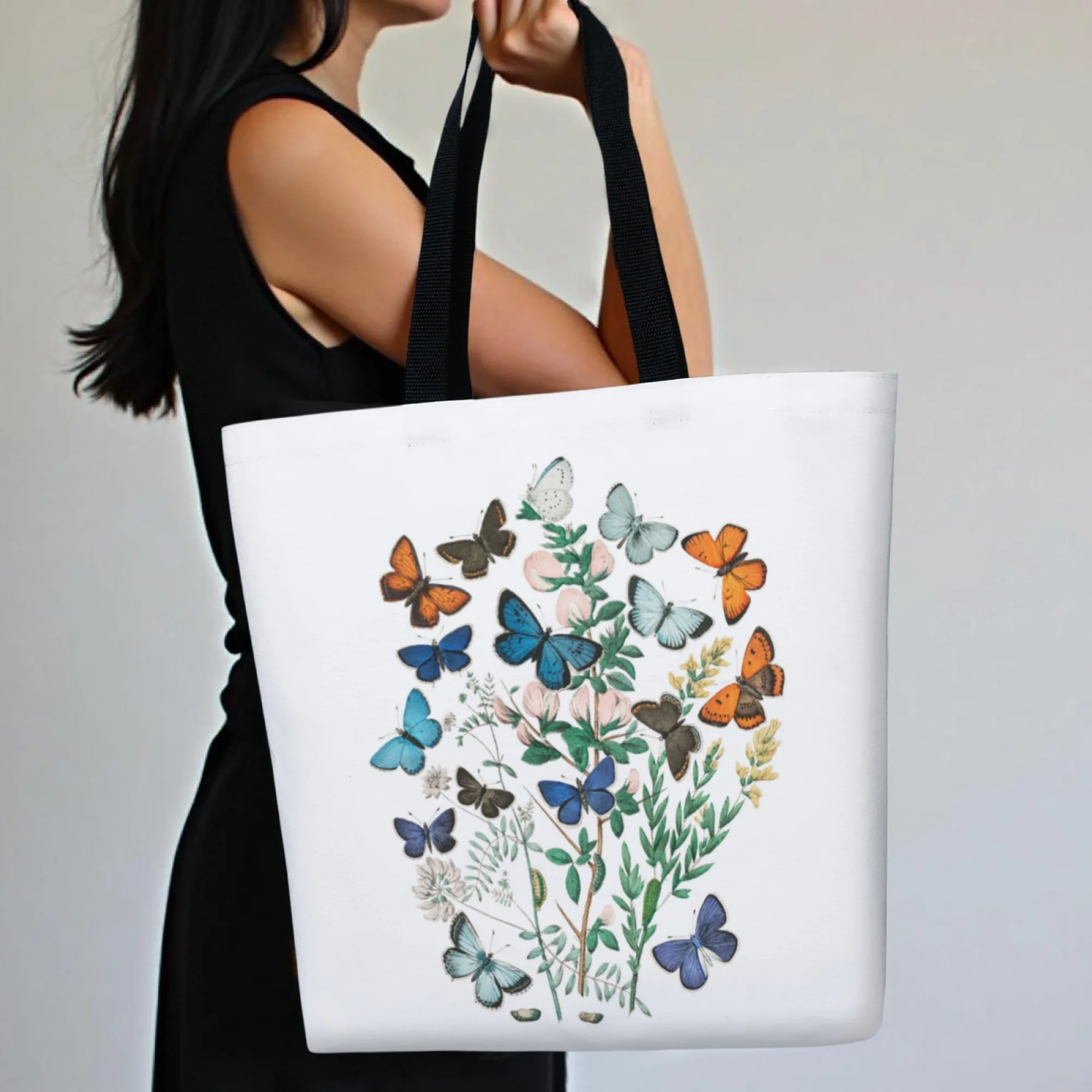 

French Rural Elegant Fresh Floral Tote Bag Butterfly Print Canvas Reusable Shopping Bag Gift for Friends Nature Design Lovers