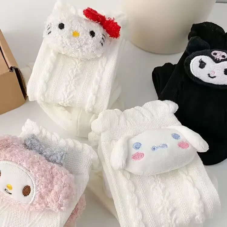 Anime Kawaii Sanrio longo meias de algodão para meninas, bonito Hello Kitty, minha melodia, cinnamoroll, Kuromi, quente, outono, inverno