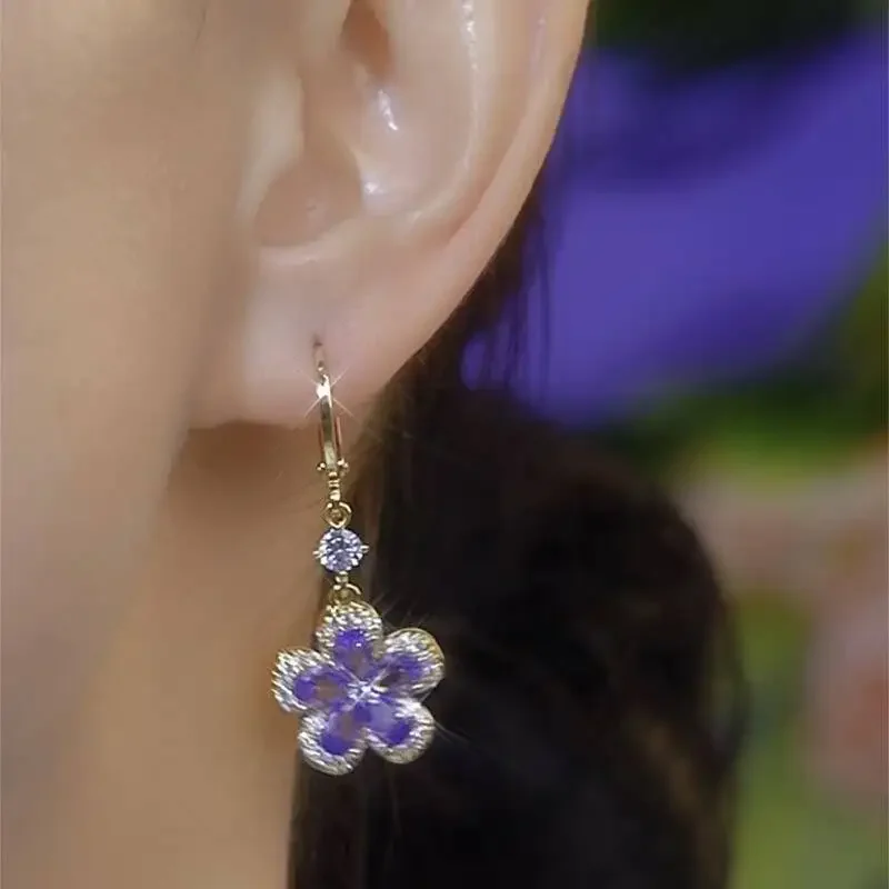 여성을위한 절묘한 보라색 지르콘 꽃 펜던트 귀걸이 유행 맞춤형 일일 액세서리 파티 보석 생일 선물