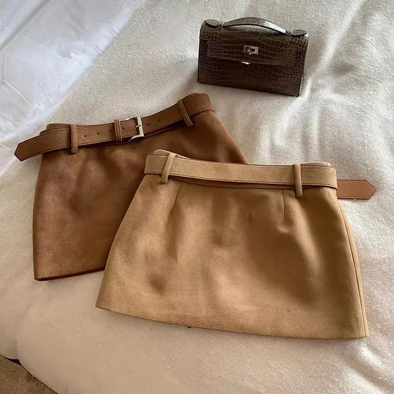 Womens High Waist Faux Suede A Line Mini Skirt Solid Color with Removable Belt Streetwear Skirt