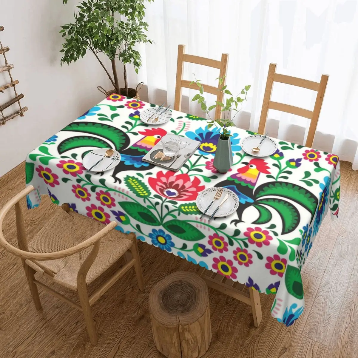 Botanical Rooster Pattern Tablecloth Rectangular Waterproof Polish Folk Traditional Flowers Table Cover Cloth for Kitchen