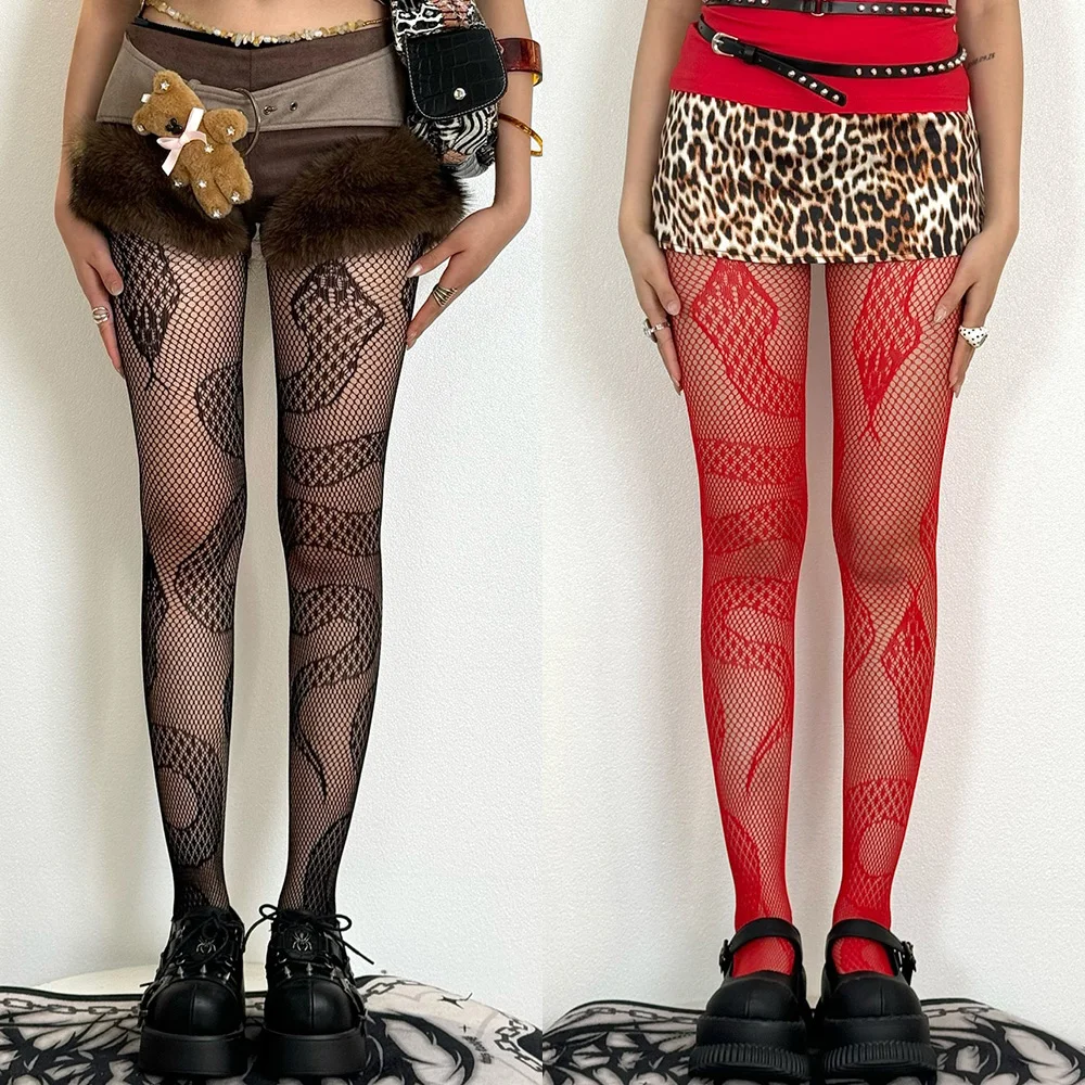 Weibliche 1/2 Paar ausgehöhlte Serpentinen-Fischnetzstrumpfhose mit hoher Taille, Schlangenmuster, Netzstrumpfhose, Y2K-Stil, Gothic