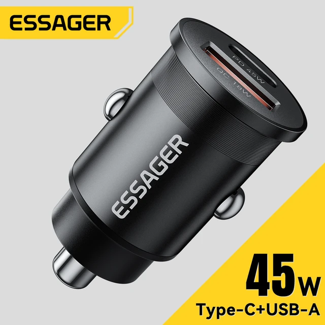 Essager 45W Carregador de Carro Carregamento Rápido Porta Dupla PD QC3.0 Tipo-C Carregador Rápido para iPhone 16 15 14 Samsung Xiaomi Huawei Oppo