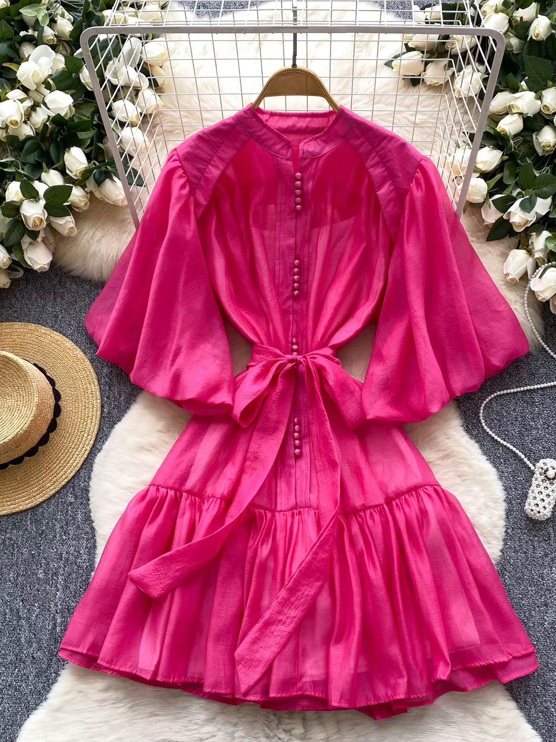 

Retro Sle Bubble Sve irt Dr with Waist Cinching Thin Design Unique Ele Beautiful Midi Skirt for Young Women