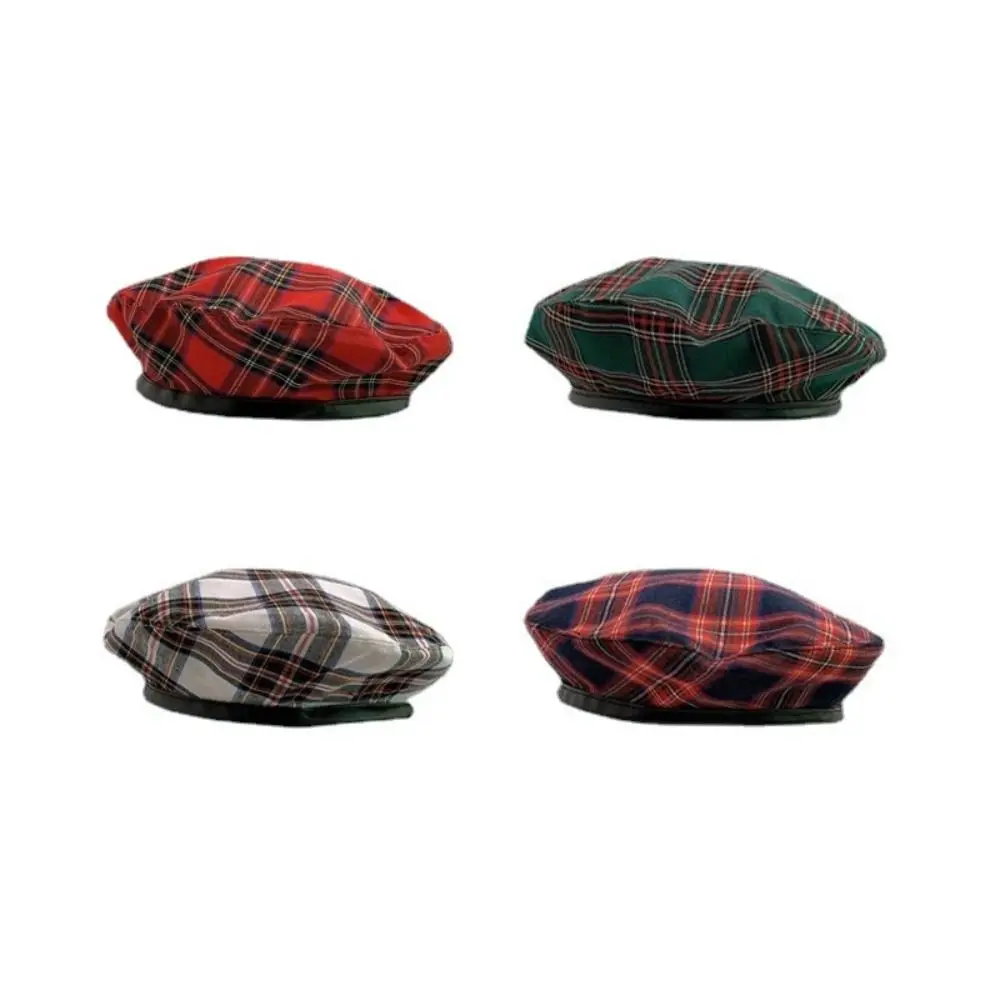 Personality British Style Tartan Plaid Beret Drawstring Y2K Painter Hat Retro PU Leather Trim Octagonal Hat Outdoor
