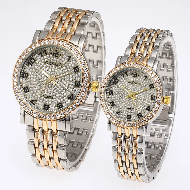 นาฬิกาคู่รุ่นแฟชั่นผู้ชาย ดีไซน์ทันสมัยสำหรับนักศึกษา  ประดับเพชร  หน้าปัดลายท้องฟ้าเต็มดาวแบบโรมัน  พร้อมสายแบบกำไลข้อมือ  นาฬิกาควอตซ์