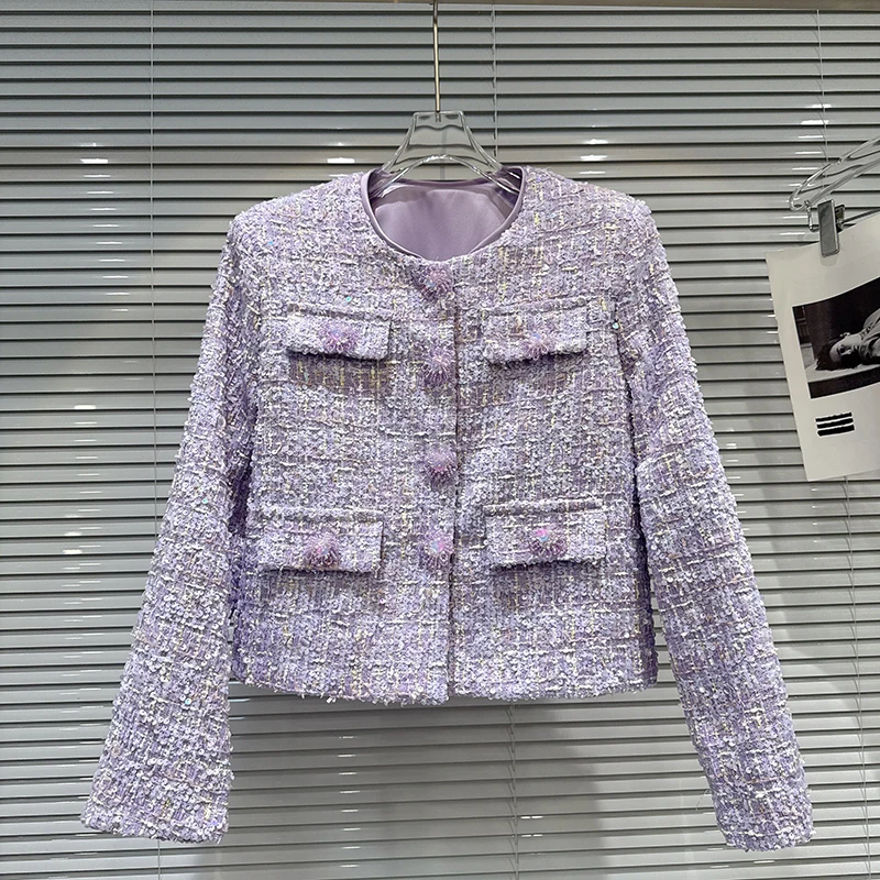 2026 Spring New French style Small Fragrant Style Coat Women's Beaded Water Diamond Button Purple Coarse Floral Short Coat
