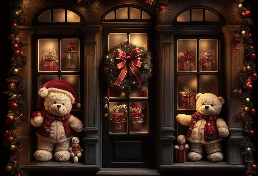 Mehofond Photography Background Winter Christmas Window Candy Shop Bear Kids Family Party Portrait Decor Backdrop Photo Studio