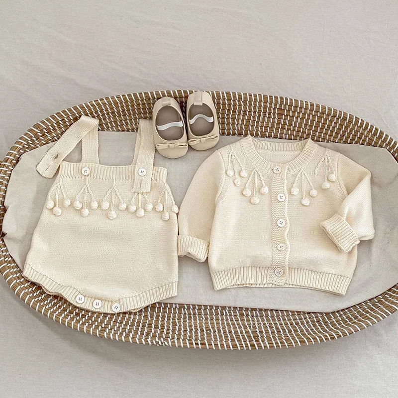 2025 New Autumn 0-3Yrs Toddler Baby Girls Clothing Sets Long Sleeved Knitted Cardigan Coat+Jumpsuit Children Clothes Suit