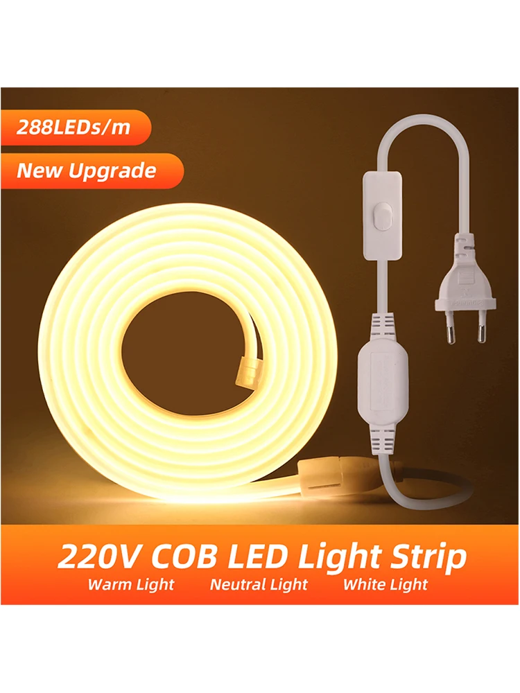 AC 220V COB Flex Neon LED-Streifenlicht mit Schalter, EU-Stecker, 3000K 4000K 5000K, 288 LEDs/m, IP65 wasserdicht, superhelle Hintergrundbeleuchtung für Heimdekoration