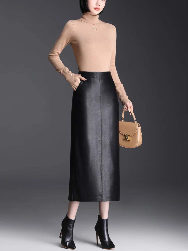 Zipper High Waist Slim PU Leather Bodycon Pencil Skirt Women Fall Winter Elegant Chic Long Coffee Black Skirts Office Lady 99650 image 5