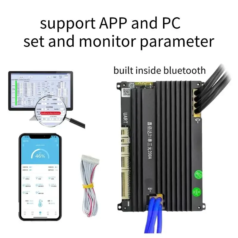 JIABAIDA Smart BMS BT UART LiFePo4 8S 6S 10S 12S 13S 14S 16S 20S 21S Li-ion Battery Balance 100-200A Charge Current JBD BMS
