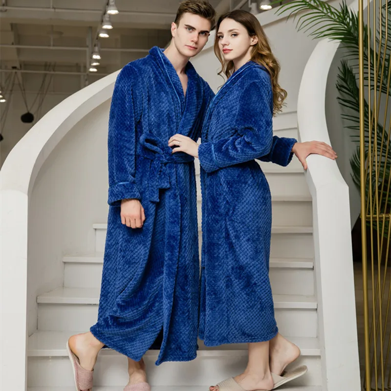 Winter Loose Bathrobe Thick Coral Fleece Nightwear Nightgown Warm Couple Flannel Robe Sleepwear Casual Kimono