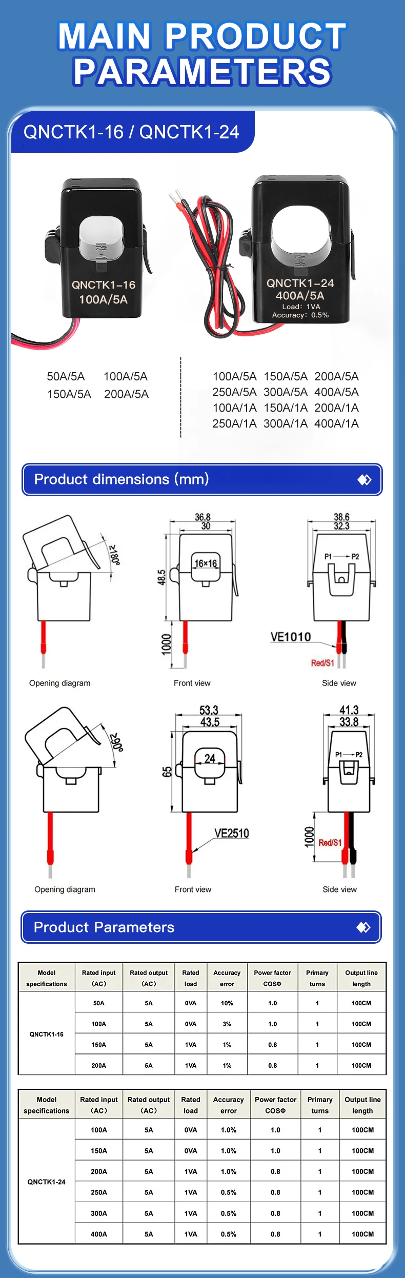 QNCTK1-24 Split-Core-Stromwandler 100 5 150 200 300 400 5A 500 600 AC CT Klemm-Stromwandler Offener Typ QNCTK1-36 – Detail 1