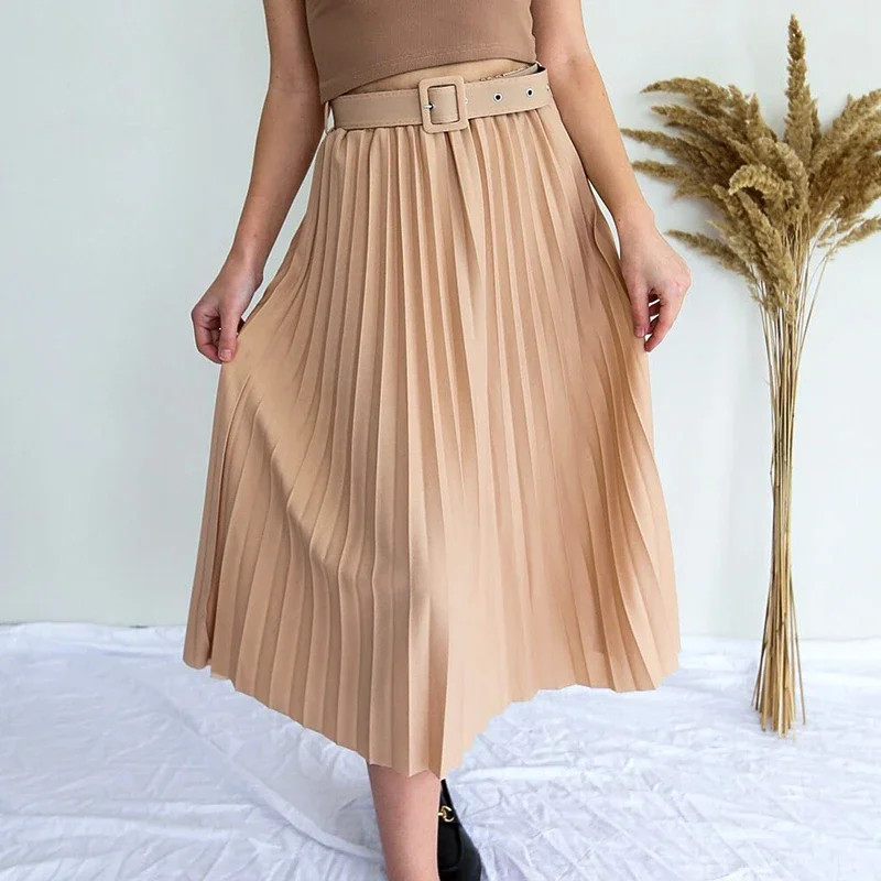 Elegant skirt womens 2021 Autumn  High-Waisted Pleated Skirt Multicolor Long Commute A- line midi Skirt womens Office Lady