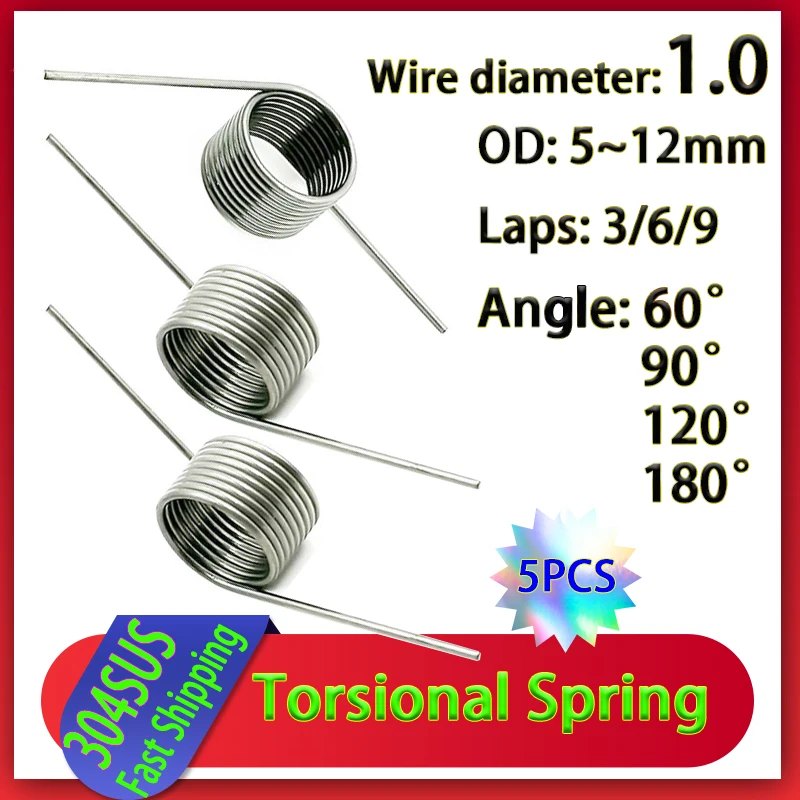 5Pieces Wire Diameter 1.0mm Helicaltorsio Ring 304 Stainless Steel V-Shaped Helical Torsion Spring Angle 60 90 120 180 Degrees