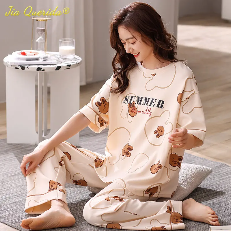 SUKAE High Quality 100% Cotton Woman Pajama Summer Short Sleeve Full Pants Sleepwear Casual Young Lady Pijama Elegant Mujer Para