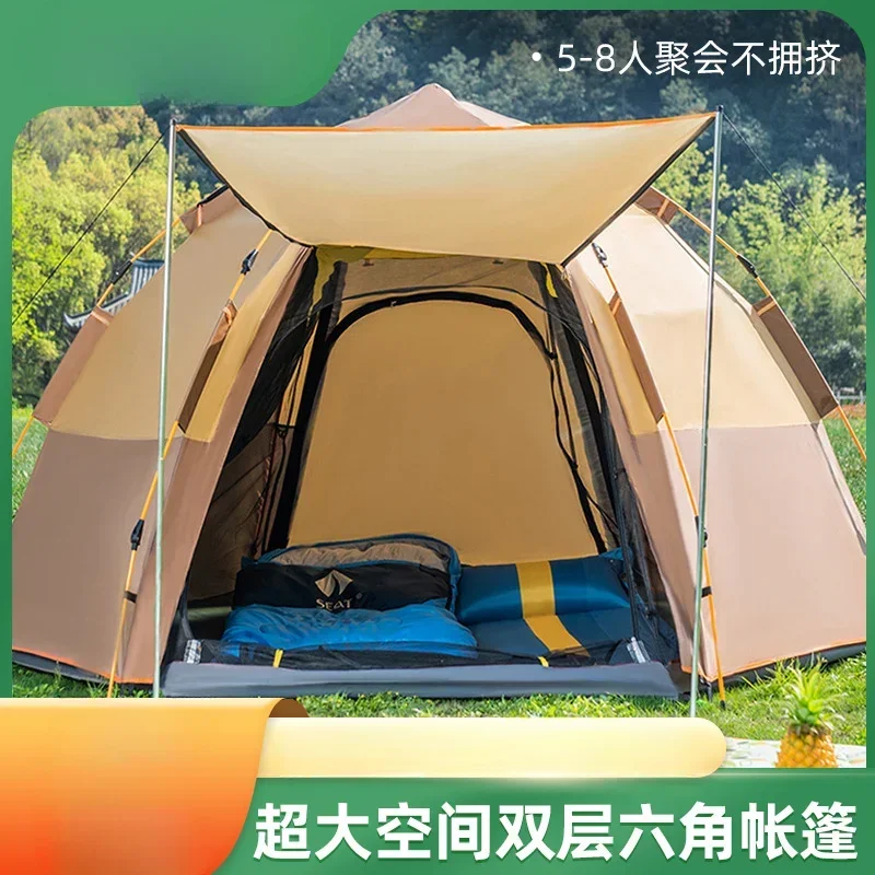 

Fully Automatic Double Decker Hexagonal Tent for 3-4 People Camping, Rain Proof Camping, Quick Opening Beach