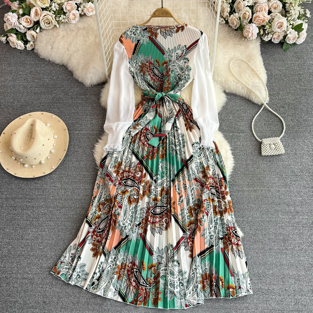 

Autumn Light Mature Vintage Style Long Sleeve Round Neck Waist Slim Mid Length A-line Printed Pleated Dress