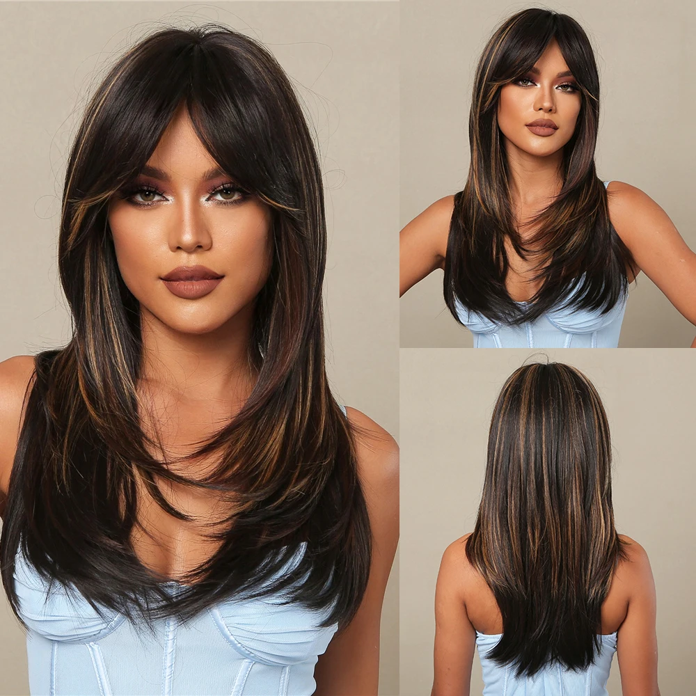 Long Straight Layered Synthetic Wig, Blonde Platinum Highlight