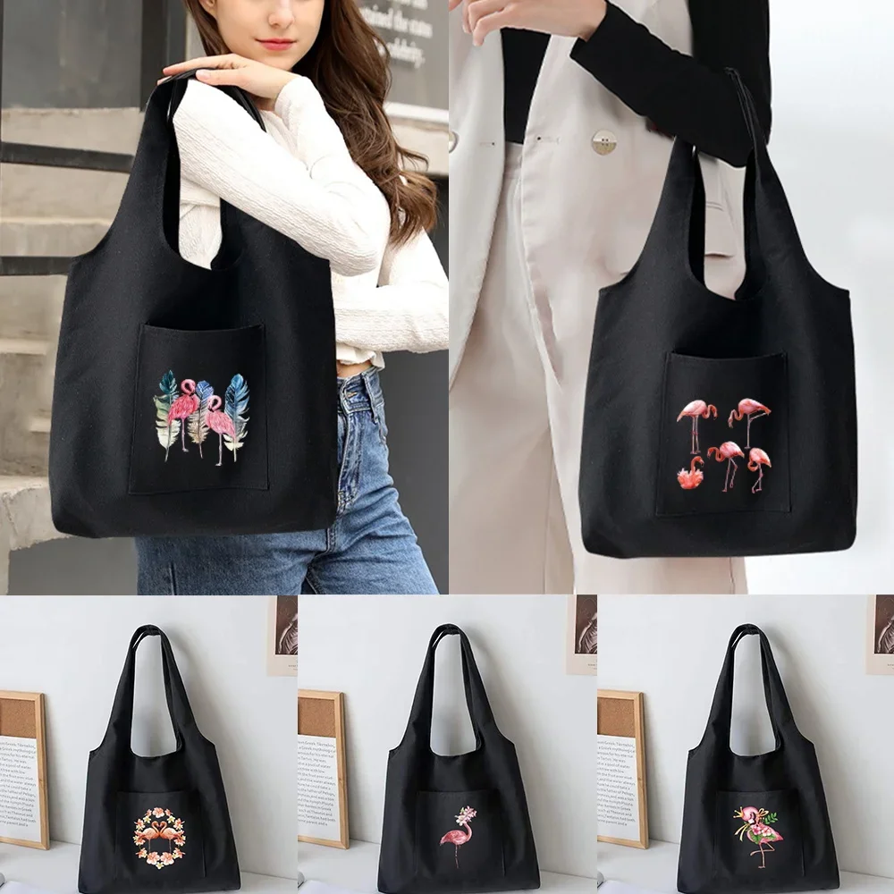 Women Organizer Bag Canvas Tote Bag Flamingo  Printed Shoulder Bags Reusable Shopping Bags Casual Supermarket Handbags
