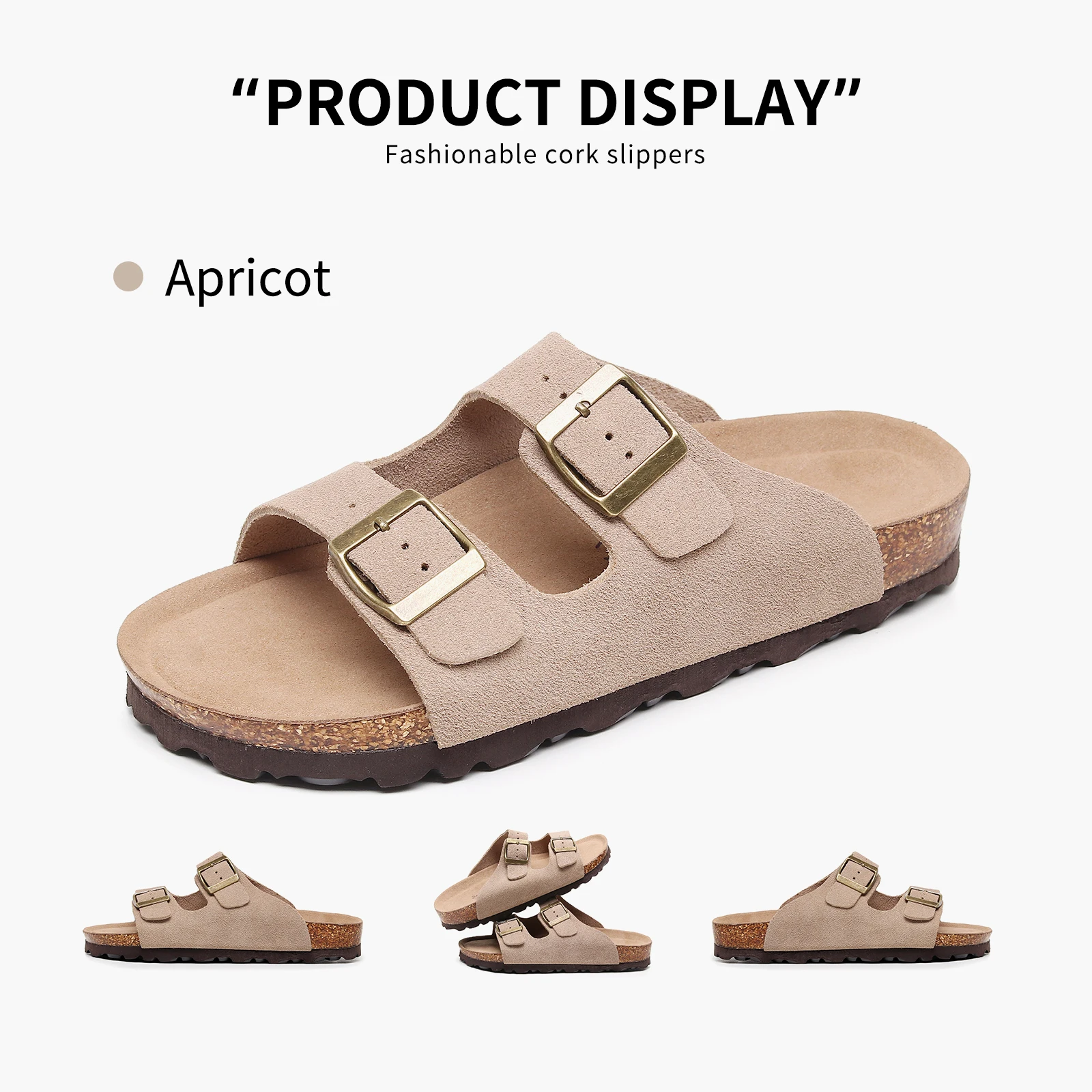 Birken Genuine Leather Women's Flat Slide Sandals - 2 Strap Design, Arch Support, Non-Slip, Cork Footbed, Slip-On Style