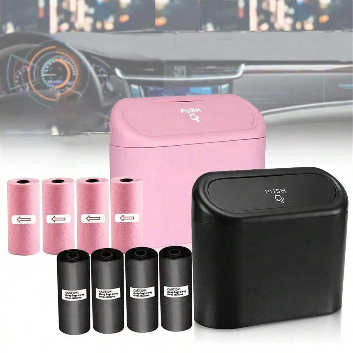 Car trash can with lid - 4 rolls of garbage bag, leak-proof, portable hanging trash can for vehicle organization