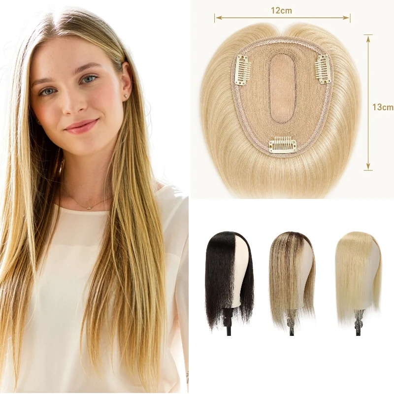 Women Hairpiece 100% Human Hair Silk Lace Base Clip In 12x13cm 25cm Middle Part Machine Made Remy Hair #4 #P27-613 Clearance