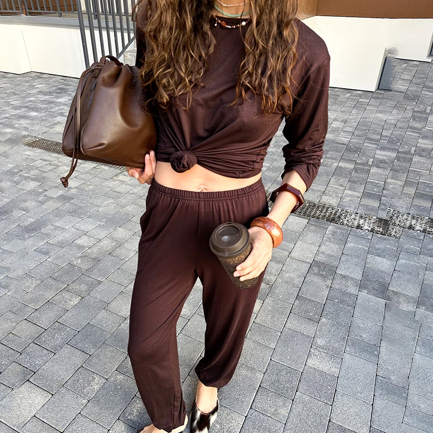 

Linad Elegant Pullover Long Sleeve Top Suits Casual Brown Straight-Leg Ankle-Length Pants Outfits Knitted Fitted Two Piece Sets