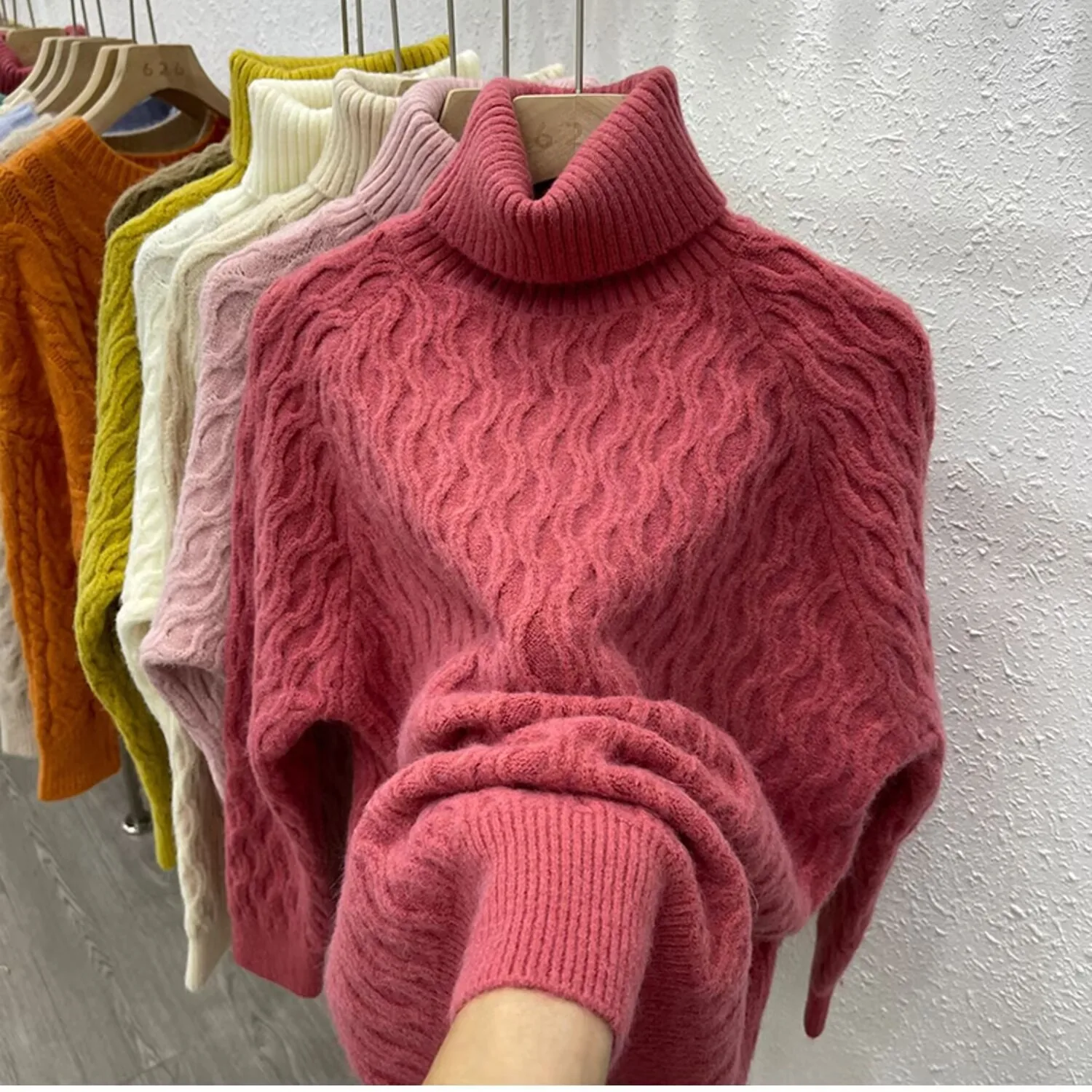 

Casual Loose High Neck Fried Dough Twists Long Sleeve Knitting Elegant Pullover Sweater for Women Sweater Mujer 2024 Winter D96