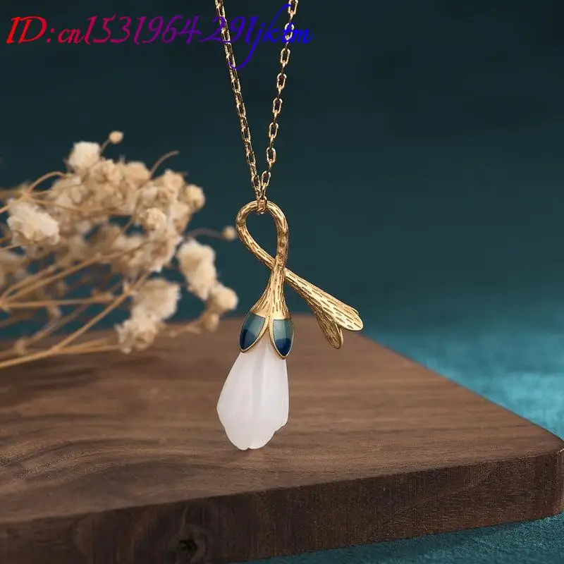 White Natural Jade Flower Pendant Necklace Stone Carved Gemstone Real Jewelry 18K Gold Plated Designer Luxury Gifts for Women