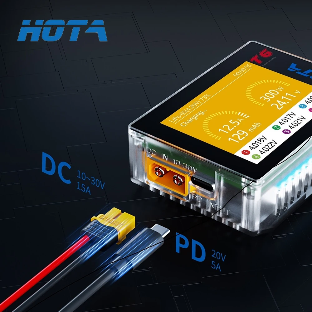 HOTA T6 LiPo Battery 1~6S Smart Balance Charger DC300W PD90W Dual Channel Intelligent Charger For RC Model Car Accessories