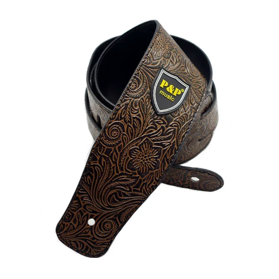 P&P Flower Carving PU Leather Guitar Strap for Acoustic Electric Folk Guitar Solid and Durable Acoustic Guitar Strap