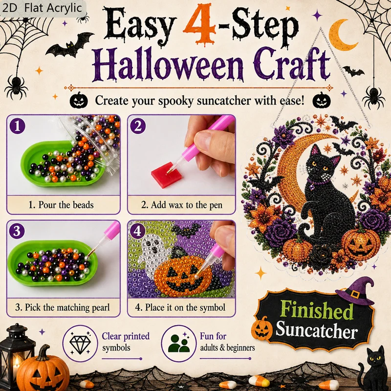 2D Flat 11.8/7.9inch Halloween Pearl Diamond Art Kit for Adults, 3D Halloween Pearl Diamond Painting Suncatcher with 3D