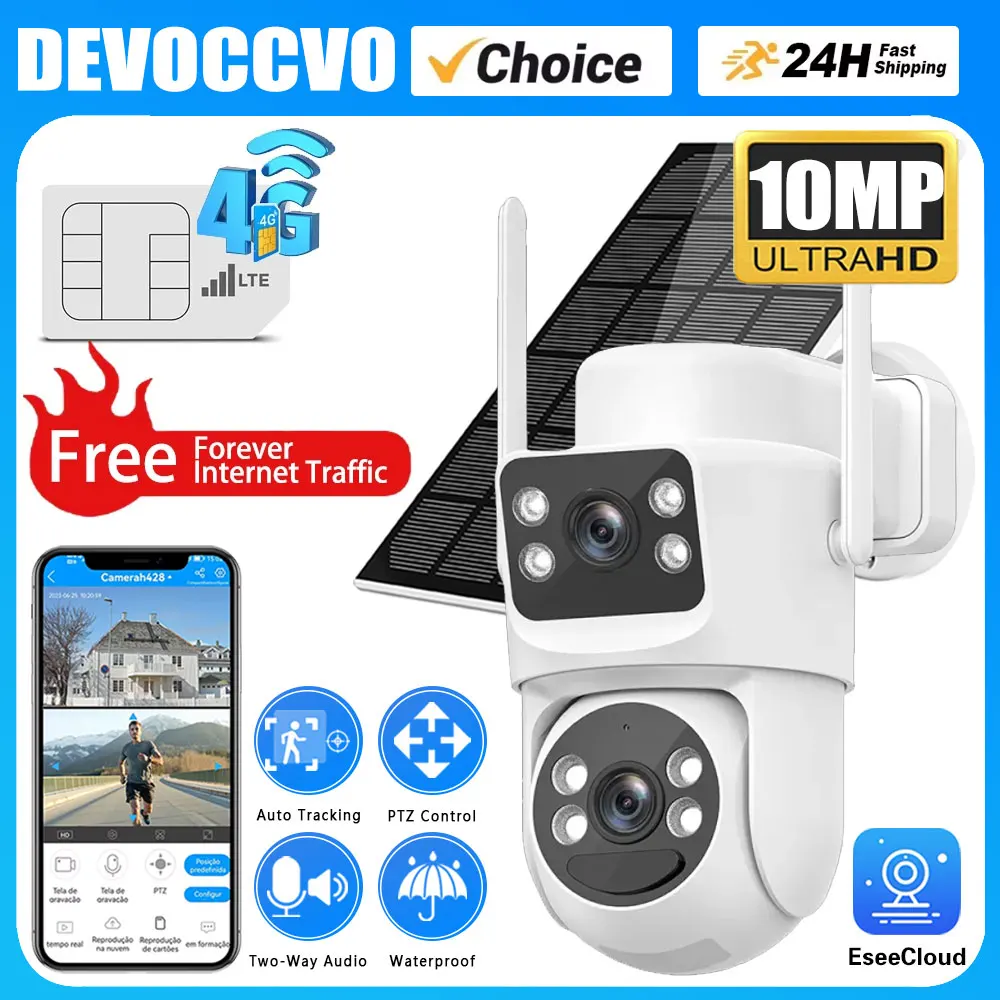 

Forever Free 4G Интернет-карта дорожного движения Солнечная IP-камера 10MP 4G Двойной объектив Двойной экран PIR Обнаружение Камера наблюдения PTZ Батарея