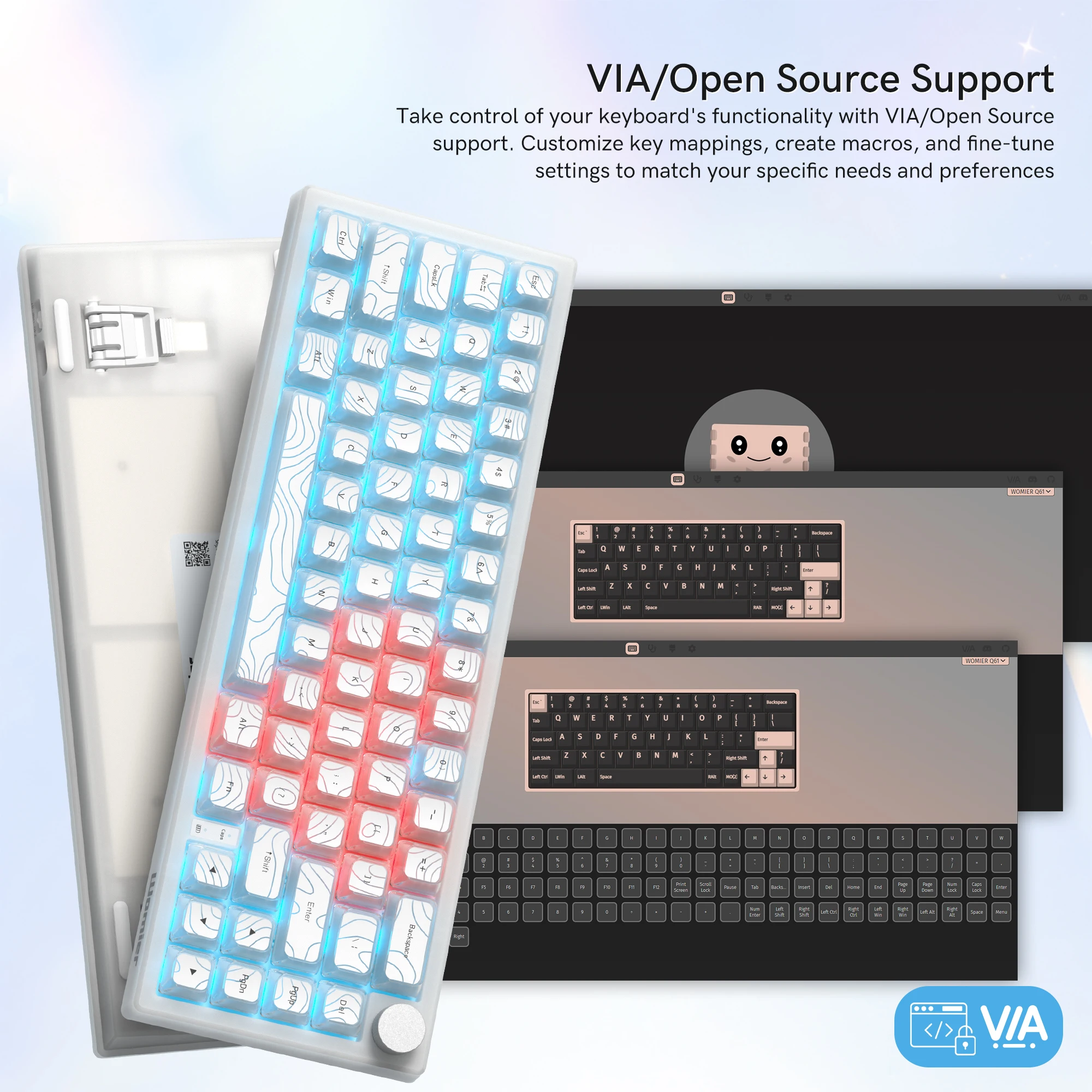 2025 Super New White Topographic Q61 QMK/VIA Gamer Keyboard RGB Gasket Hot Swap 3 Modes Wireless Mechanical Keyboard with Knob