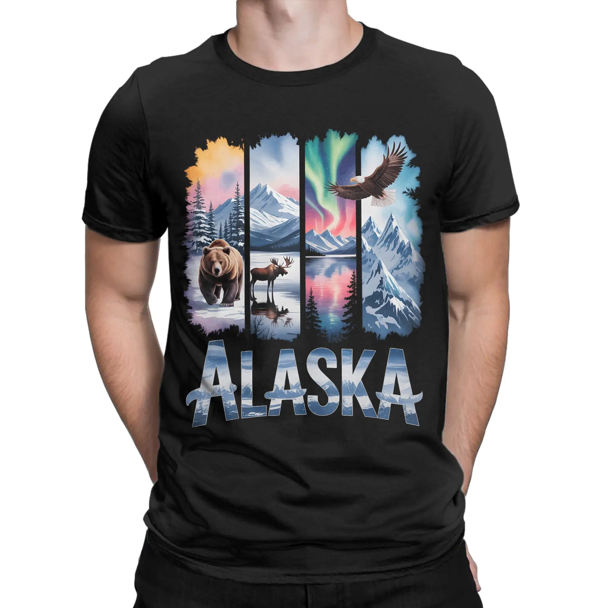 Alaskan Bear Moose Eagle Lake and Mountain Aurora Borealis T Shirt Men's  Funny T-Shirts Crewneck Tee Shirt Short Sleeve ClotheS