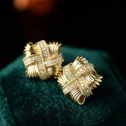 Huitan Delicate Cross Weave Design Earrings Lady Graceful Accessories Gold Color Brilliant Cubic Zirconia Jewelry Exquisite Gift