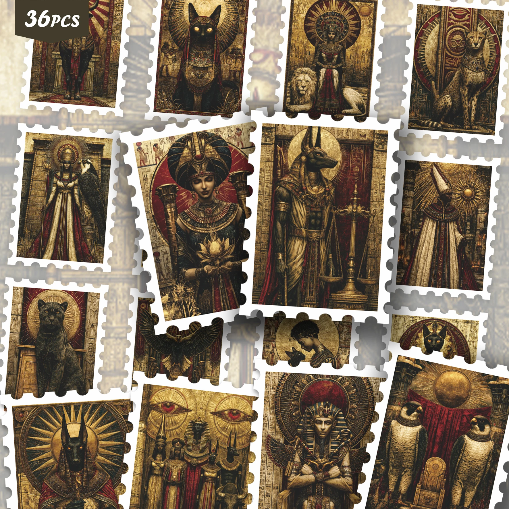 36PCS Antique Golden Egyptian Art Stickers, assorted ancient deity and sacred animal patterns with mild aged vintage palette, mi