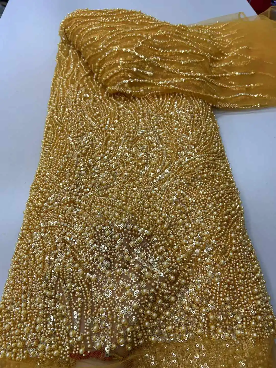 Linda lantejoulas nigerianas festa renda contas africanas tecido de renda 2025 alta qualidade 5 jardas tecido de renda líquida de tule francês africano