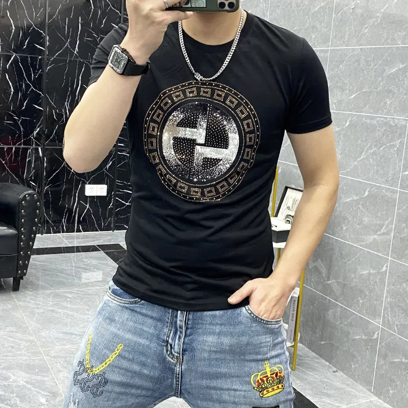 2024 Rhinestones T Shirts Men Summer Clothes Abstract Pattern Fashion Streetwear O Neck Short Sleeve Slim Mens Tee Shirt Homme