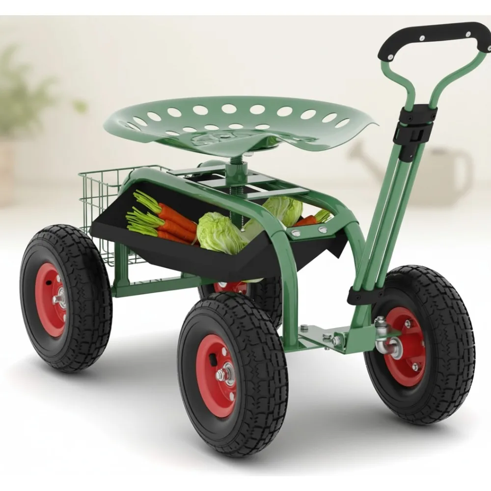 

Garden Rolling Stool with Wheels - 360° Swivel Seat, Tool Tray & All-Terrain Tires for Easy Planting and Yard Work