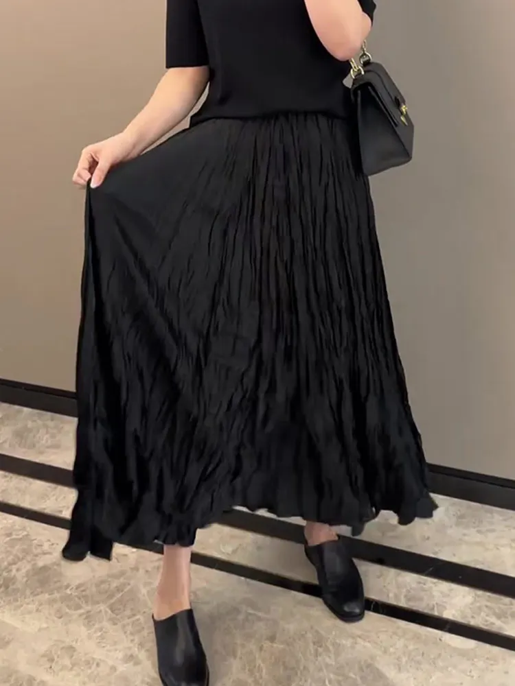 Fashionable Black Pleated High Waist Skirt Women's Summer New Style Luxury Long Skirt Korean Version Loose Fit Commute