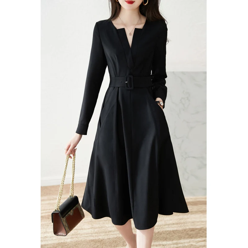 Women's Elegant Fashion Chic V-neck Long Sleeve Belt Party Dresses 2023 Spring Autumn Office Lady Black Slim Midi Dress Vestidos