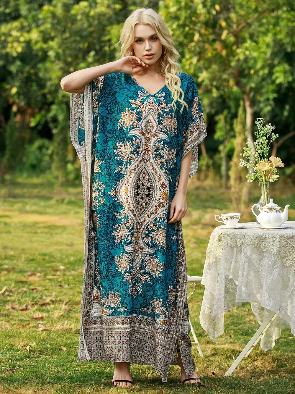

Bohemian V-neck Short Sleeve Beach Smock Dress Women 2025 Summer Loose Casual Sunscreen Print Boho Long Dresses For Women
