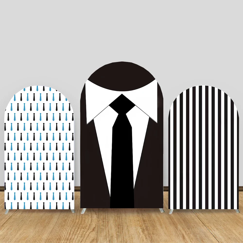 Black Suit Necktie Business Boss Birthday Arch Backdrop Cover Stripe Grid Baby Shower Party Decor Kids Boy 1 Year Background
