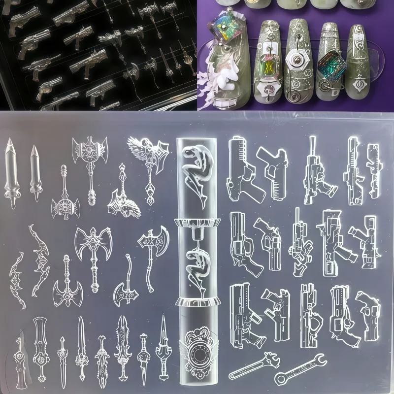 Cyberpunk Silikon-Nagelform, 3D Gewehr Schwert Axt DIY Geprägte Nagelkunst-Charms Form für UV-Harz – Detail 6