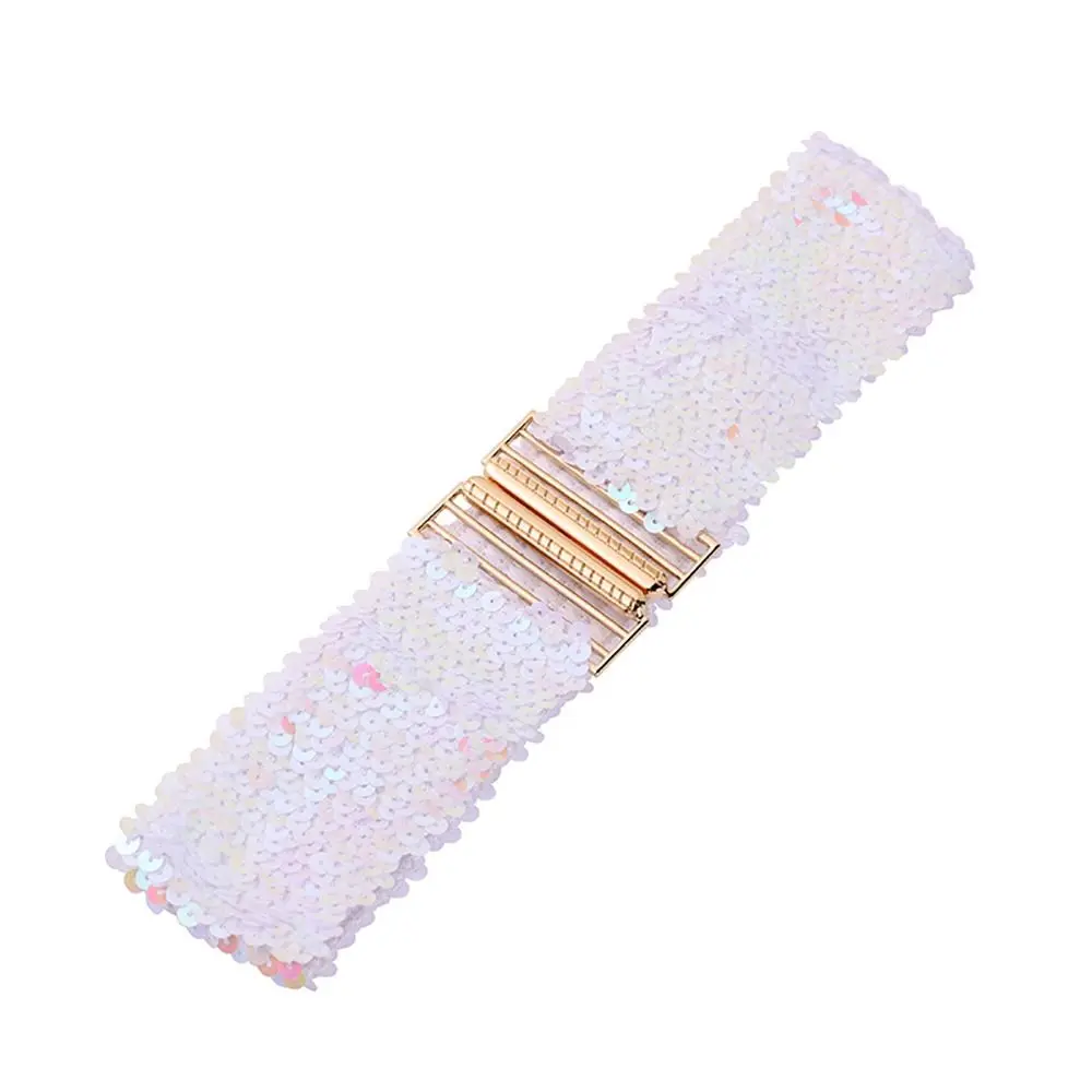 Professional Elastic Sequin Stretch Belt Eye Catching Gold Buckle Wide Waist Belt 60cm Disc Belts Dresses