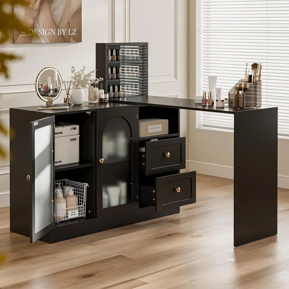 مكتب فني أظافر حديث على شكل حرف L مع مساحة تخزين، محطة عمل لصالونات التجميل باللون الأسود